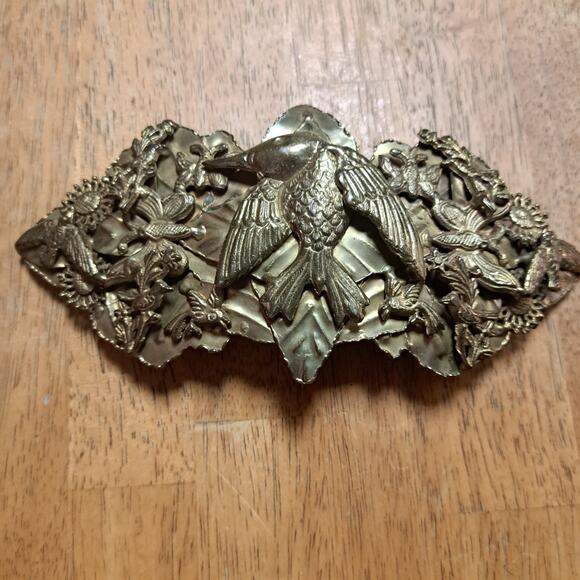 RARE 1940\'s Brass Custom Belt Buckle Hummingbird Butterfly Birds Sunflowers main image 15